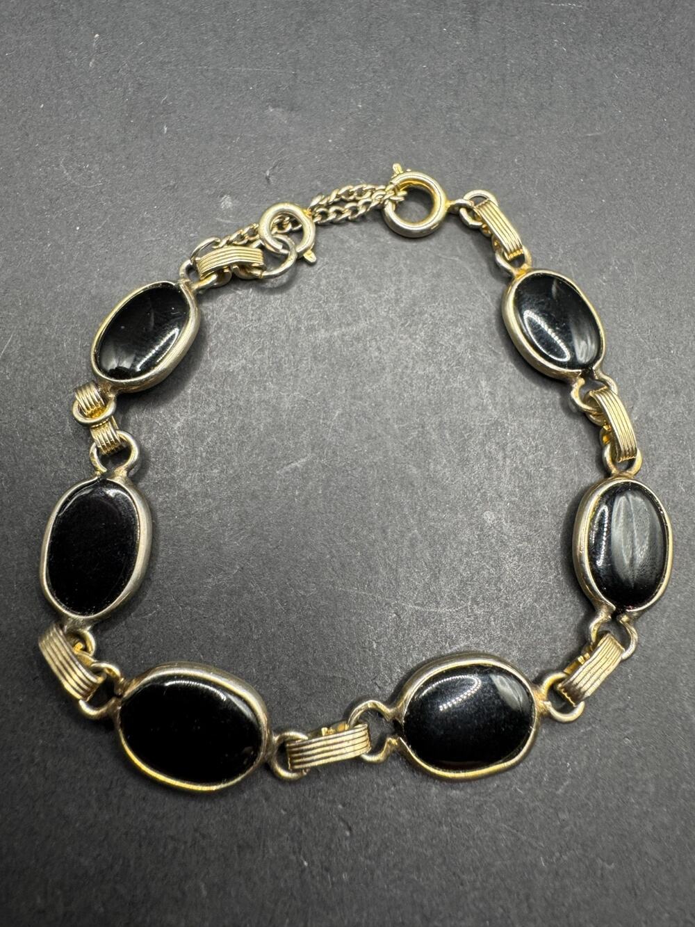 Vintage Gold Filled Black Onyx Oval Link Bracelet W/ Safety Chain Sz 7.25"